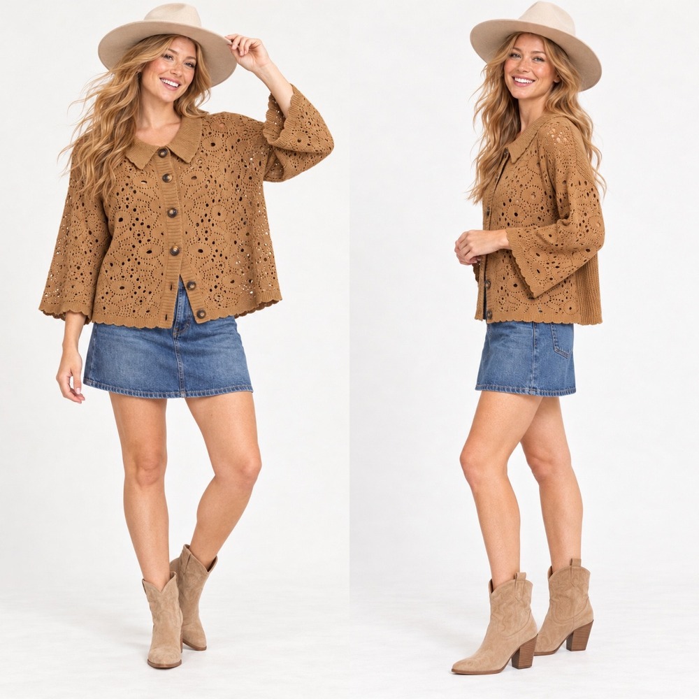 Umgee Cardigan Medium Brown Pointelle Open Knit Button Front Collar Sweater
